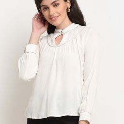 La Zoire White Solid Keyhole Neck Top-image-8