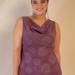 CURVE BY KASSUALLY Lavender Ethnic Motifs Printed Cowl Neck Regular Top-image-37