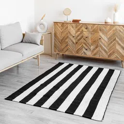 HOMEMONDE Black & White Striped Pure Cotton Floor Rug image 1