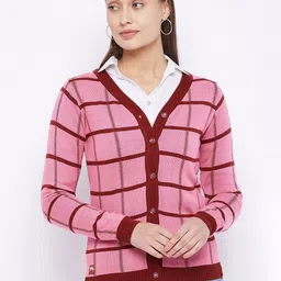 JUMP USA Women Pink & Maroon Acrylic Checked Cardigan-0