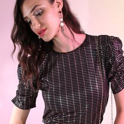 Tokyo Talkies Black & gold-toned Geometric Printed Puff Ruched Sleeves Top-image-42