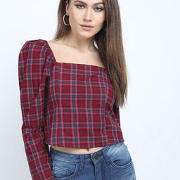 Tokyo Talkies Maroon & Blue Cotton Checked Crop Top-picture-9