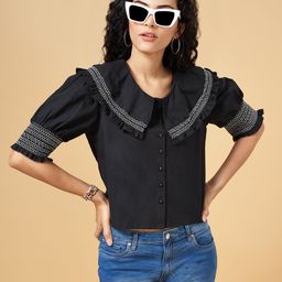 People Black Solid Pure Cotton Ruffles Smocked Top-image-46