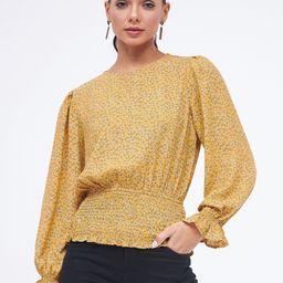 Kibo Mustard Floral Printed Cuffed Sleeves Smocked Blouson Top-image-37