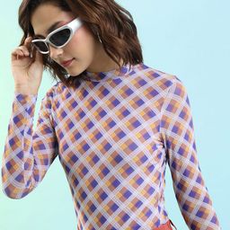 Tokyo Talkies Blue Checked High Neck Top-image-3