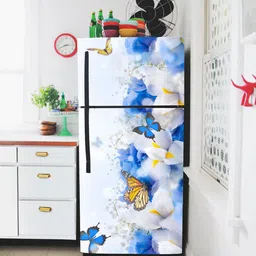 WallDaddy White & Blue Floral Printed Refrigerator Sticker-48