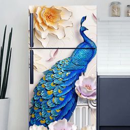 WallDaddy Beige & Blue Peacock-Printed Self-Adhesive Refrigerator Sticker-42