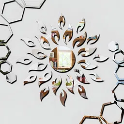Wall1ders Silver Toned 2 Pieces Sun With Hexagon 3D Mirror Wall Stickers-27