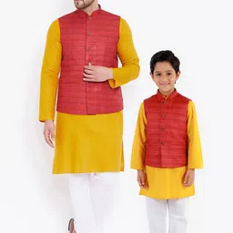 VASTRAMAY Men Mustard Solid Kurta with Pyjamas & Nehru Jacket image 1