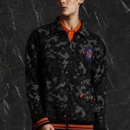 Breakbounce Black Geometric Printed Spread Collar Bomber Jacket-46