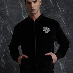 Breakbounce Black Graphic Printed Mock Collar Relaxed Fit Bomber Jacket-picture-50
