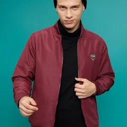 HIGHLANDER Maroon Mock Collar Bomber Jacket-image-21