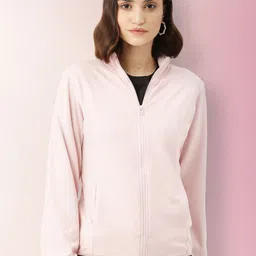 LILL Women Pink Geometric Lightweight Crop Bomber Jacket-image-89