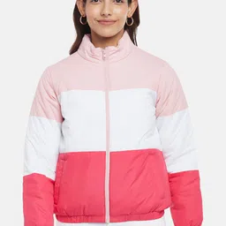 People Women Pink White Cotton Colourblocked Bomber Jacket-picture-52