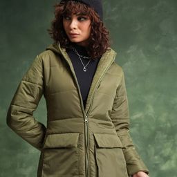Tokyo Talkies Olive Green Hooded Longline Padded Jacket-17