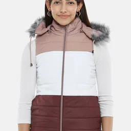 People Women Pink White Colourblocked Parka Jacket-image-12