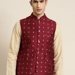Sojanya Men Maroon & Silver Self Design Nehru Jacket-10