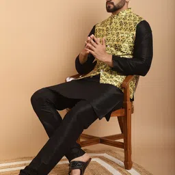 SOJANYA Men Black & Lime Green Printed Kurta And Churidar With Jacket-image-44