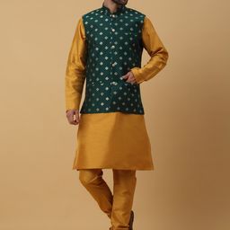 KRAFT INDIA Mandarin Collar Long Sleeves Regular Kurta With Churidar & Nehru Jacket-image-63