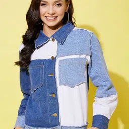 StyleStone Women Colourblocked Crop Denim Patchwork Jacket-image-56
