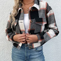 StyleCast Black Checked Crop Bomber Jacket-7