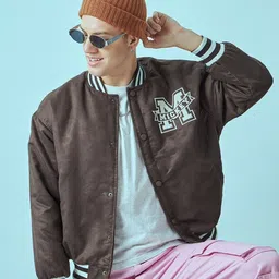 Bewakoof Typography Embroidered Stand Collar Oversized Bomber Jacket-image-81
