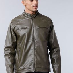 HIGHLANDER Men Olive Green Solid Biker Jacket-image-44