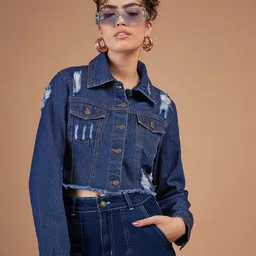 SASSAFRAS Navy Blue Washed Cropped Denim Jacket-12