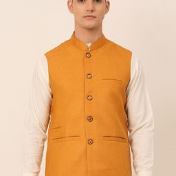Jompers Men Mustard-Yellow Solid Woven Nehru Jacket-picture-15