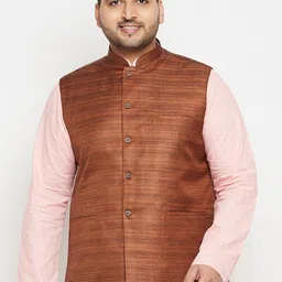 VASTRAMAY Men Coffee Brown Solid Woven Nehru Jacket-picture-34