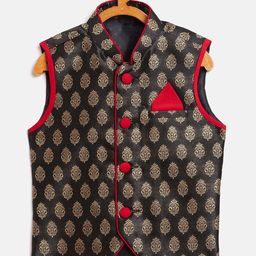 JBN Creation Boys Black & Red Printed Woven Nehru Jacket-0