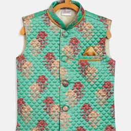 JBN Creation Boys Green & Maroon Printed Slim Fit Woven Nehru Jacket-36
