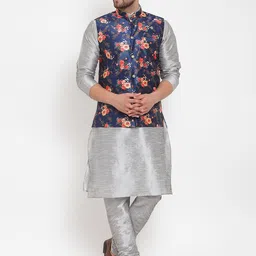 KRAFT INDIA Men Silver-Toned & Blue Printed Kurta With Churidar & Nehru Jacket-picture-40