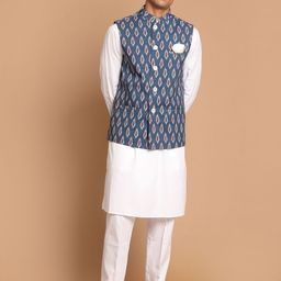 VASTRAMAY Men Pure Cotton Kurta with Pyjamas & Printed Nehru Jacket-picture-17