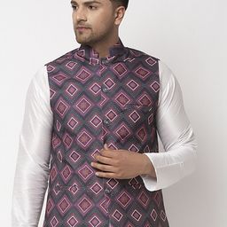 Benstoke Men Charcoal Grey & Purple Printed Woven Nehru Jackets-image-89