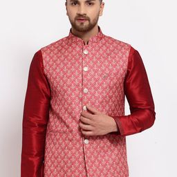 MOHANLAL SONS Men Maroon Printed Art Silk Nehru Jacket-picture-57