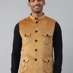 MR BUTTON Men Brown Solid Nehru Jacket-12