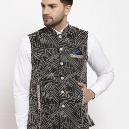 KLOTTHE Men Black & Beige Printed Woven Nehru Jacket-57