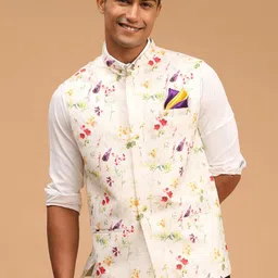 VASTRAMAY Men Cream Floral Printed Nehru Jacket-57