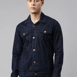 CINOCCI Men Blue Solid Denim Jacket-image-82
