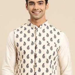 KISAH Men White Printed Nehru Jacket-21