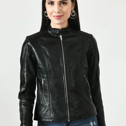 TBOJ Women Black Leather Lightweight Outdoor Biker Jacket-image-11