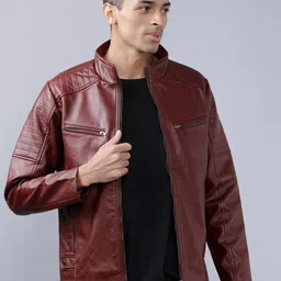 HIGHLANDER Men Burgundy Solid Leather Jacket-image-25
