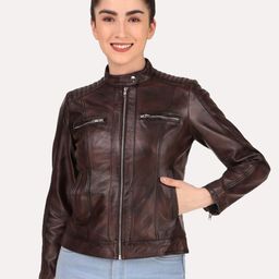 Leather Retail Women Coffee Brown Biker Leather Jacket-image-40