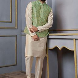 Inddus Beige & Green Mandarin Collar Kurta & Trousers With Nehru Jacket-picture-39