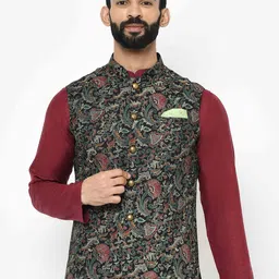 KISAH Men Green & Black Printed Nehru Jacket-18