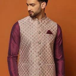KISAH Woven Design Mandarin Collar Nehru Jacket-16