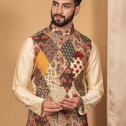 KISAH Printed Mandarin Collar Woven Nehru Jacket With Pocket Square-21
