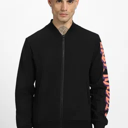 VEIRDO Black Graphic Printed Stand Collar Fleece Bomber Jacket-picture-36