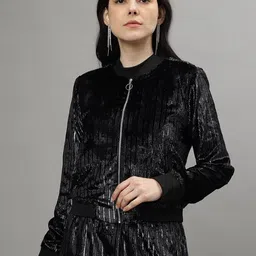 CENTRESTAGE Self Design Stand Collar Crop Bomber Jacket-2